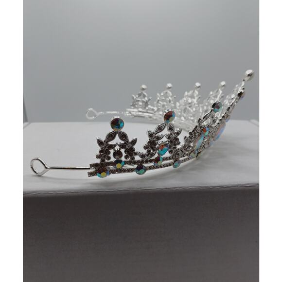 Silver Tiara Crown with Iridescent Aurora Glass Stones Princess Pageant Prom - Picture 4 of 5